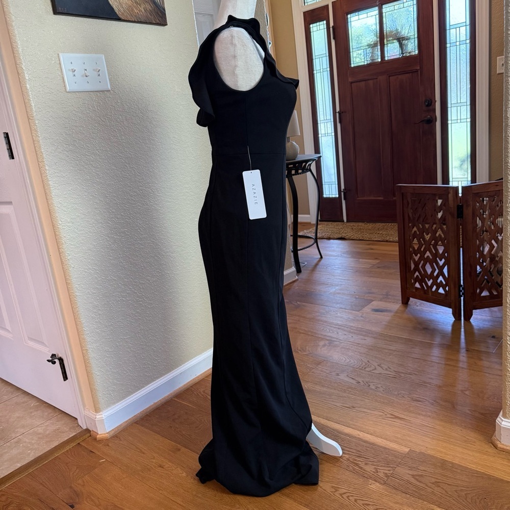 NWT Azazie Samantha Black Ruffle Neck Maxi Sheath Dress Sz 6 - Picture 7 of 10